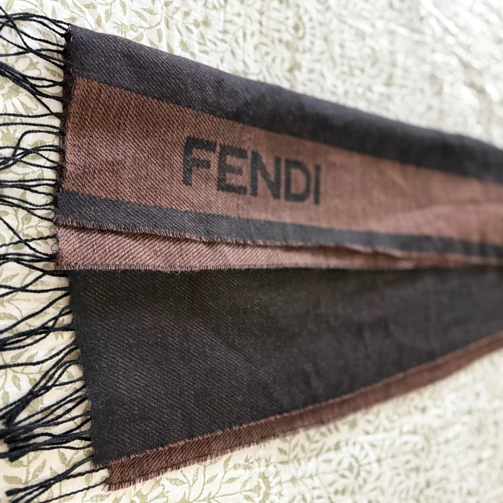 Fendi Wool Logo Scarf – Brown/Black Stripe – Made in Italy – Fringe – Vintage